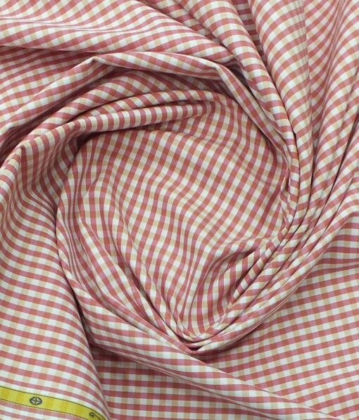 Soktas Men's White 100% Giza Cotton Pink Checks Shirt Fabric (1.60 M)
