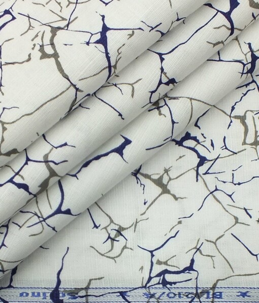 Solino Men's White 50% Cotton + 50% Linen Grey & Blue Print Shirt Fabric (1.60 M)