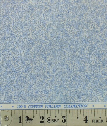 Exquisite  White Base Pure Cotton Blue Paisley Print Shirt Fabric (1.60 M)
