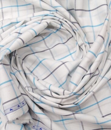 J.Hampstead by Siyaram's White 100% Giza Cotton Blue Checks Shirt Fabric (1.60 M)