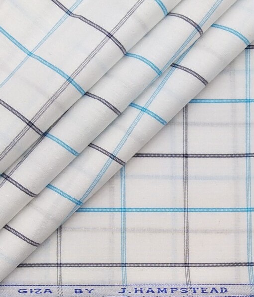 J.Hampstead by Siyaram's White 100% Giza Cotton Blue Checks Shirt Fabric (1.60 M)