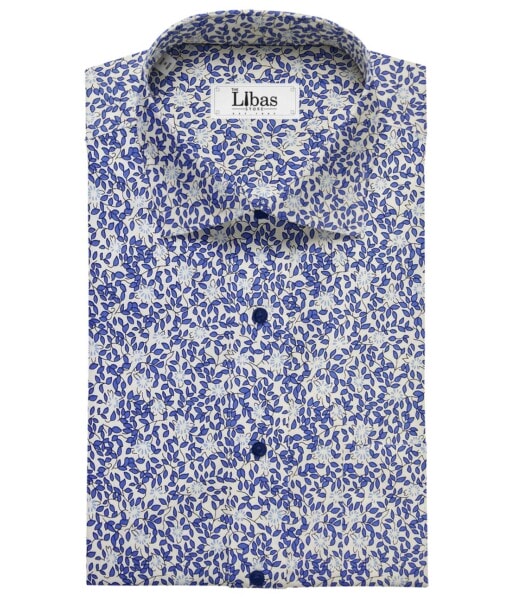 Solino White 100% Premium Cotton Royal Blue Floral Printed Shirt Fabric (1.60 M)