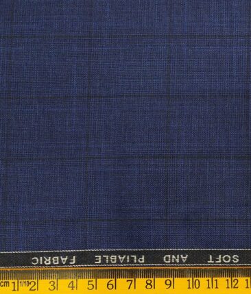 Raymond Royal Blue Polyester Viscose Self Black Checks Unstitched Suiting Fabric - 3.75 Meter