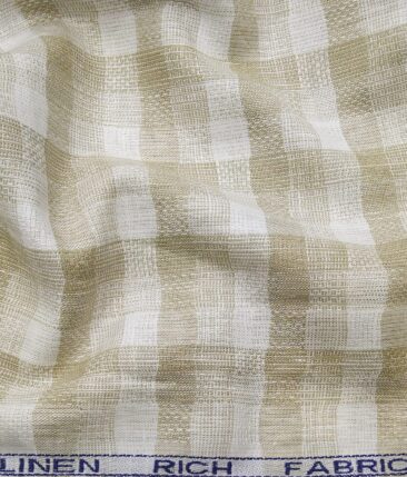 Mazury by Aditya Birla Group Men's Linen Cotton Brown Checks Unstitched Shirt Fabric (Cream