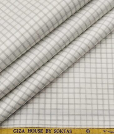 Soktas Men's 2 Ply 120's Egyptian Giza Cotton Grey Checks Unstitched Shirt Fabric (White