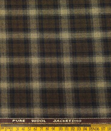 OCM Men's Light Brown & Blue Checks 100% Pure Merino Wool Fine Tweed Unstitched Jacketing & Blazer Fabric (Dark Brown
