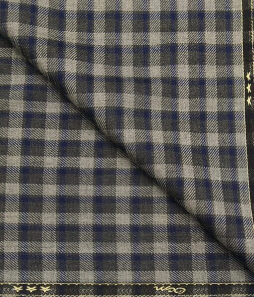 OCM Men's Blue & Dark Grey Checks 100% Pure Merino Wool Fine Tweed Reversible Unstitched Jacketing & Blazer Fabric (Light Grey