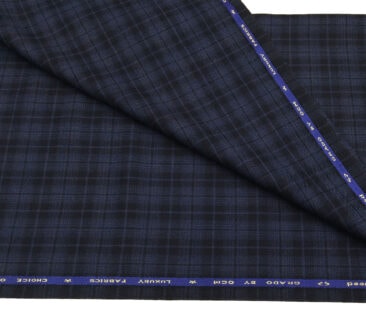 OCM Men's Wool Black Checks 2 Meter Unstitched Tweed Jacketing & Blazer Fabric (Blue)
