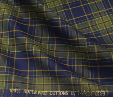 Monza Men's Cotton Green Checks 1.60 Meter Unstitched Shirt Fabric (Dark Blue)