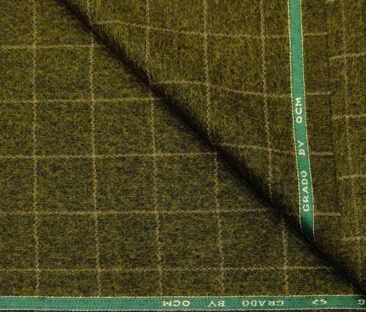 OCM Men's Wool Checks Fine & Soft 2 Meter Unstitched Tweed Jacketing & Blazer Fabric (Greenish Brown)