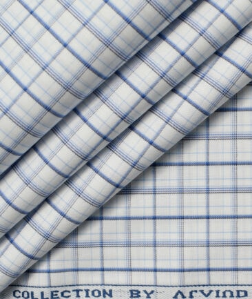Arvind Men's  Premium Cotton Checks 2.25 Meter Unstitched Shirting Fabric (White & Blue)