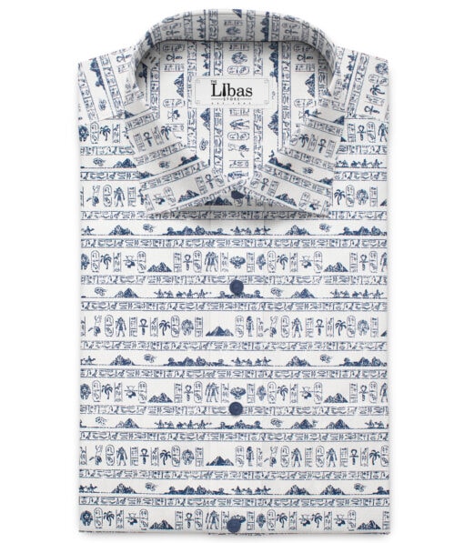 Canetti by Cadini Men's Premium Cotton Printed  Unstitched Shirting Fabric (White & Blue)