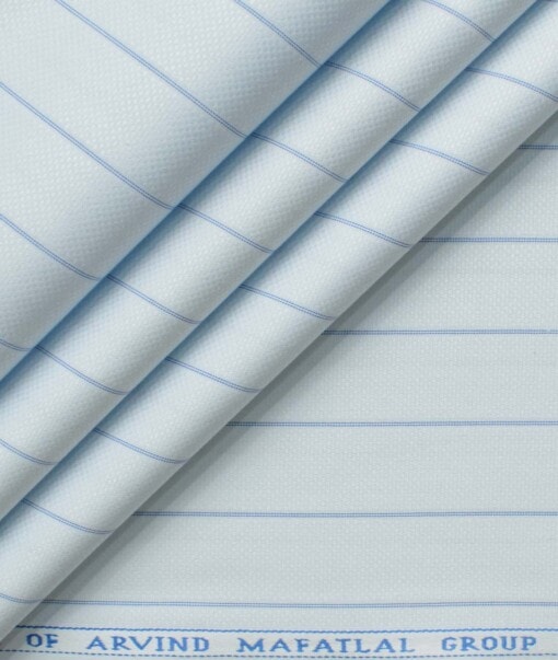 Mafatlal Men's Poly Cotton Striped 2.25 Meter Unstitched Shirting Fabric (Sky Blue)